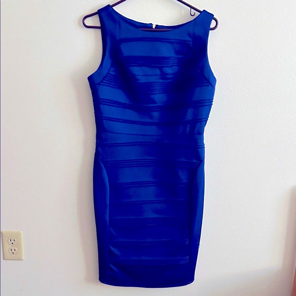 Julia Jordan Textured Fitted Formal Royal Blue Sleeveless Bandage Midi Dress
